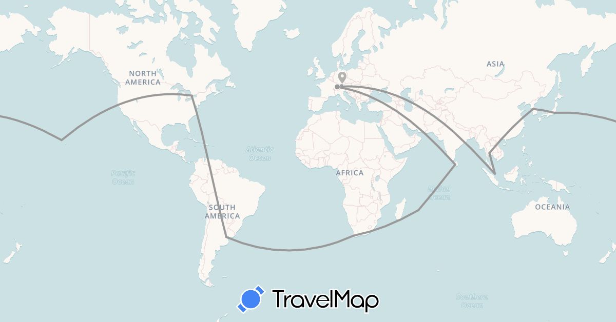 TravelMap itinerary: driving, plane in Argentina, Canada, Switzerland, Germany, Japan, South Korea, Sri Lanka, Mauritius, Singapore, Thailand, United States, South Africa (Africa, Asia, Europe, North America, South America)